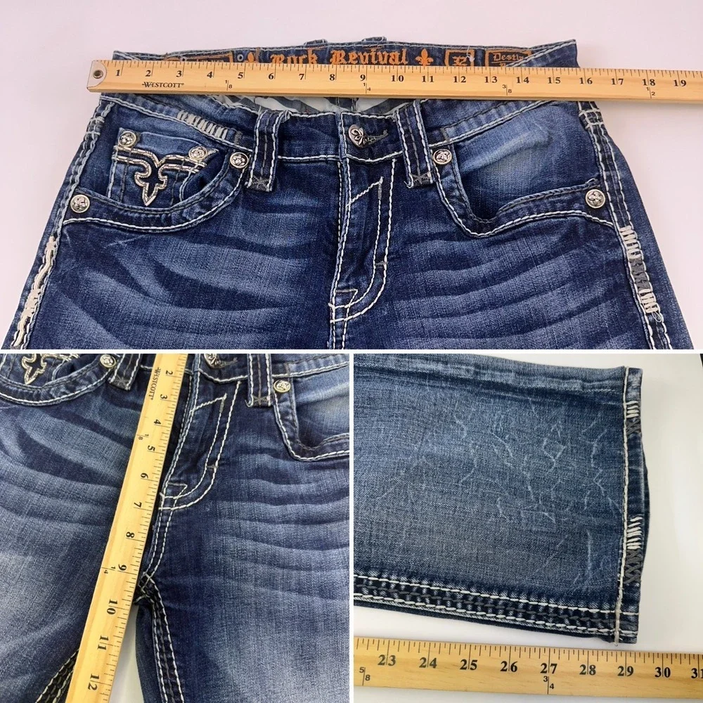 Rock Revival Destin Boot Cut Jeans Embellished Denim Embroidered Cowboy Mens 32